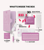 Pink Gellac 161 Ibiza Pink press-on nails kit contents with nails, glue, file and tools.