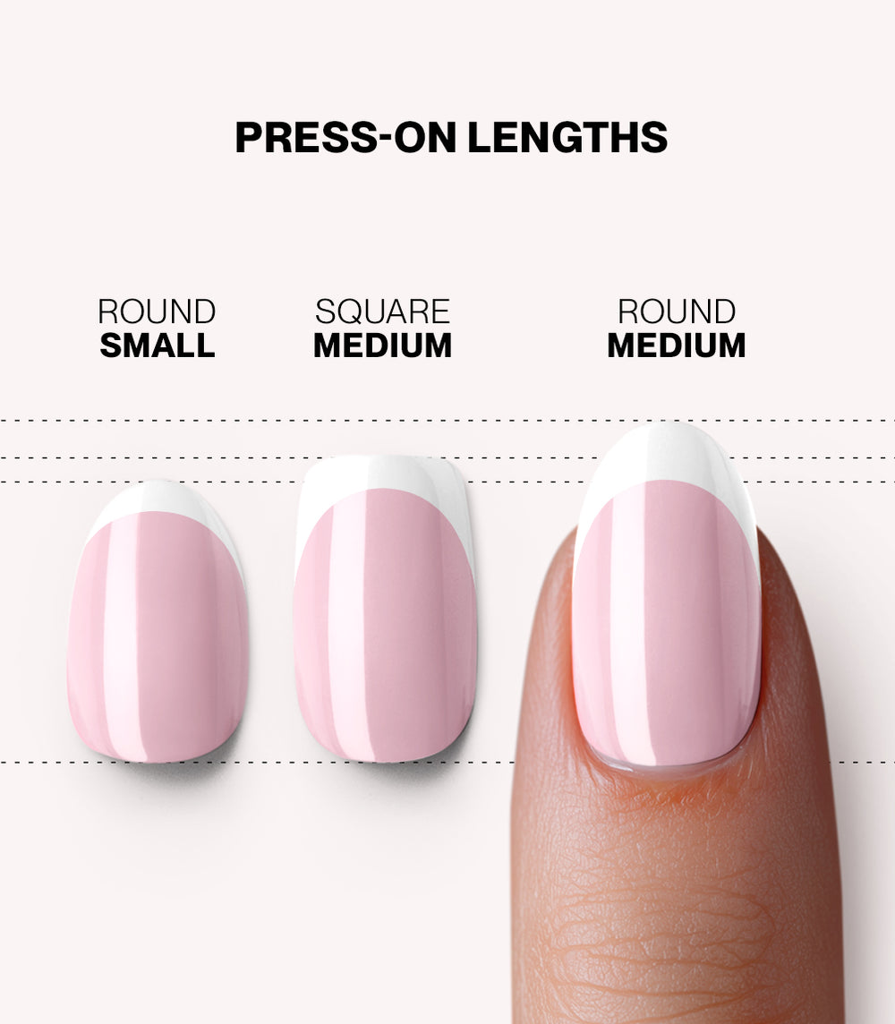 Pink Gellac 2001 Classic French press-on nails length and shape guide.