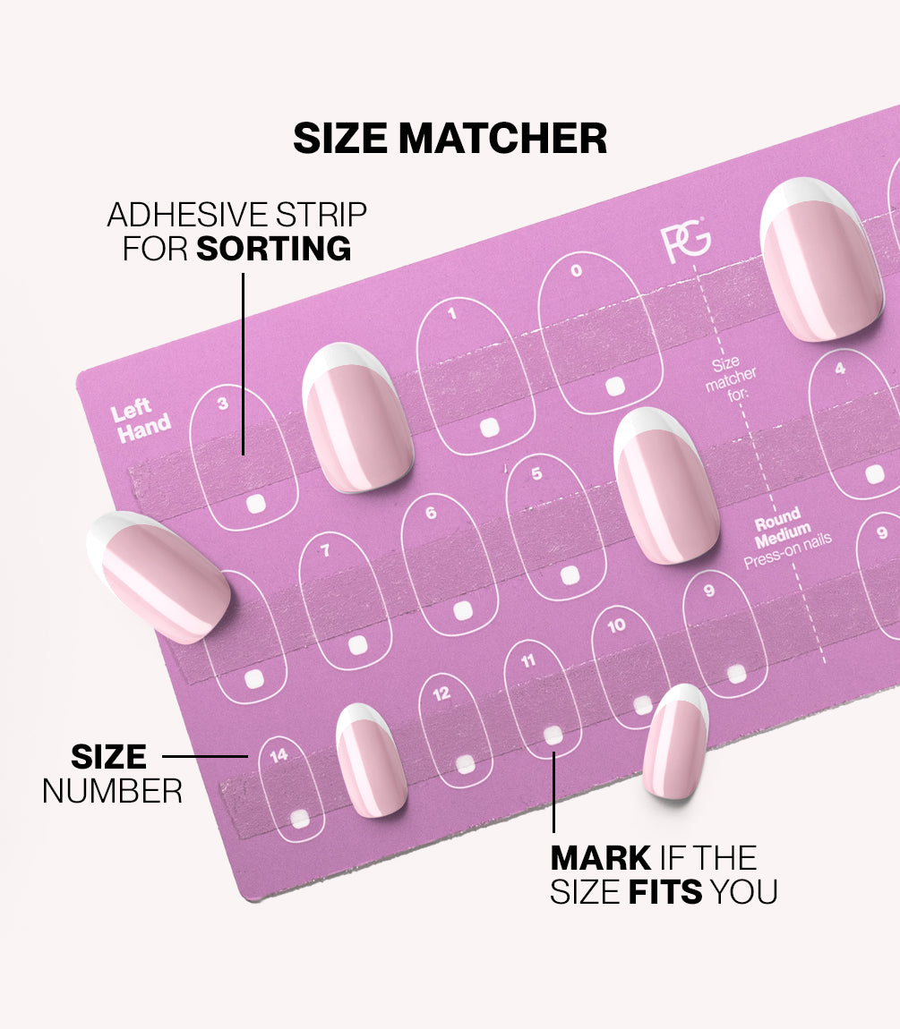 Pink Gellac press-on nails size matcher chart for measuring your nail size.