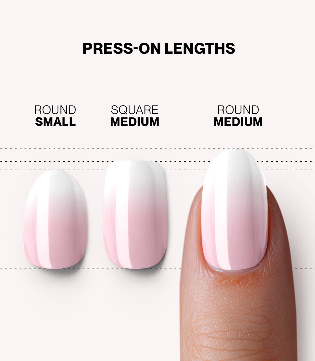 Pink Gellac 2002 Babyboom Bliss press-on nails length and shape guide.