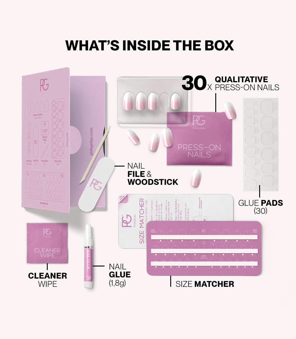 Pink Gellac 2002 Babyboom Bliss press-on nails kit contents with nails, glue, file and tools.