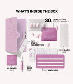 Pink Gellac 2002 Babyboom Bliss press-on nails kit contents with nails, glue, file and tools.