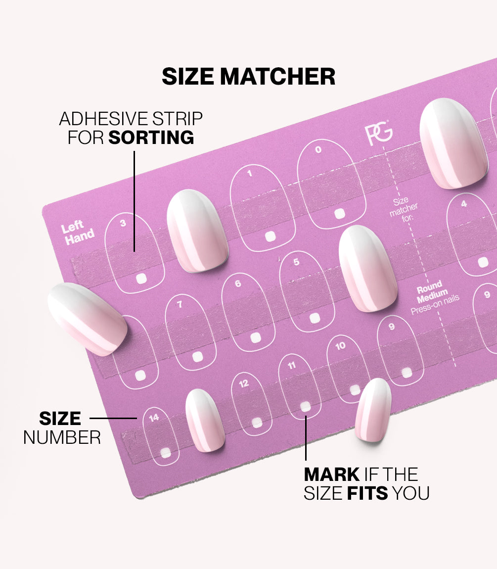 Pink Gellac press-on nails size matcher chart for measuring your nail size.