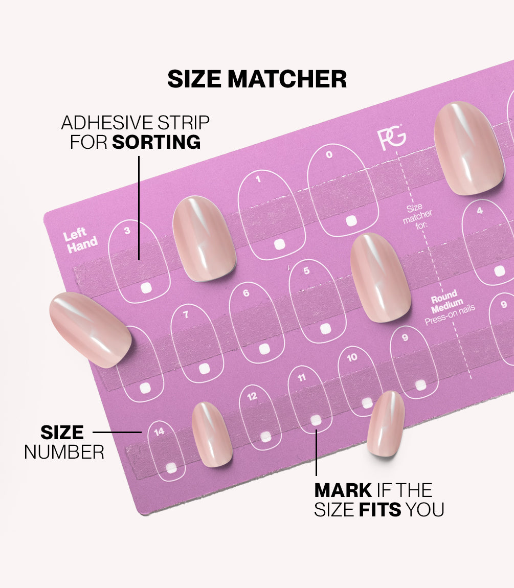 Pink Gellac press-on nails size matcher chart for measuring your nail size.