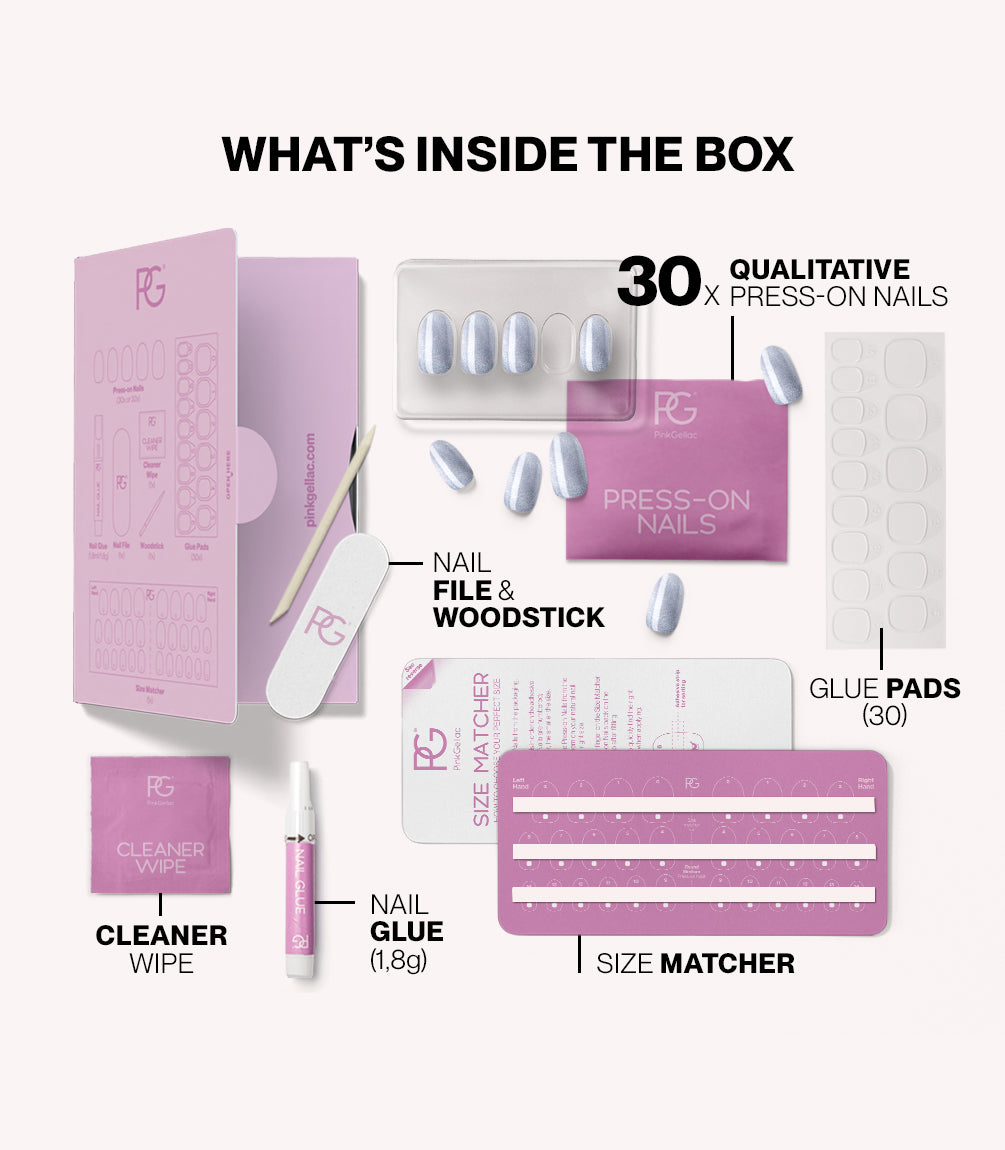 Pink Gellac 2004 Cat Eye Aquatic Jewel press-on nails kit contents with nails, glue, file and tools.