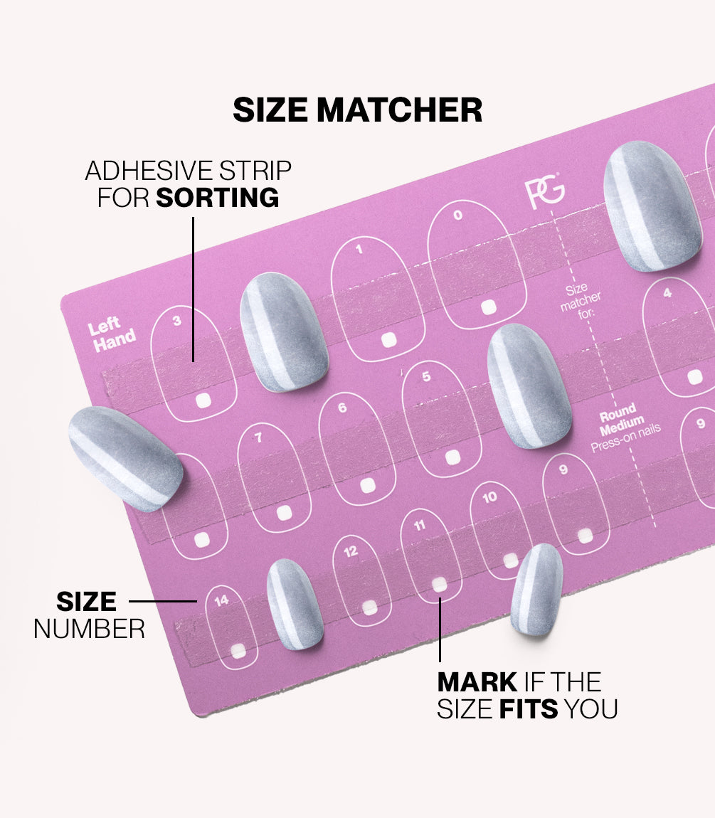 Pink Gellac press-on nails size matcher chart for measuring your nail size.