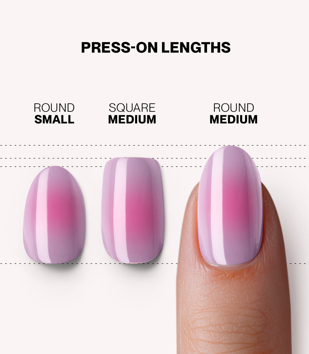 Pink Gellac 2005 Aura Allure press-on nails length and shape guide.