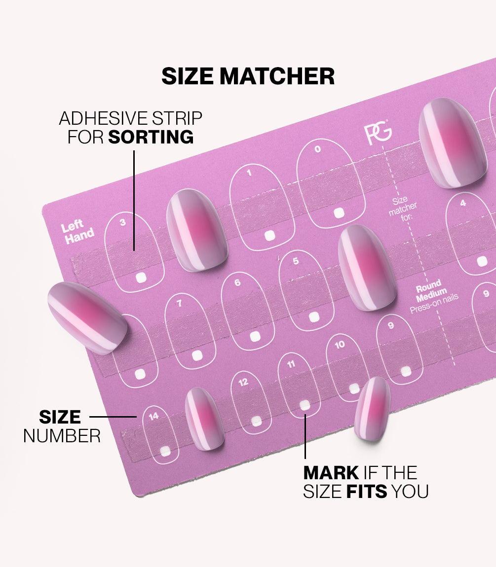Pink Gellac press-on nails size matcher chart for measuring your nail size.