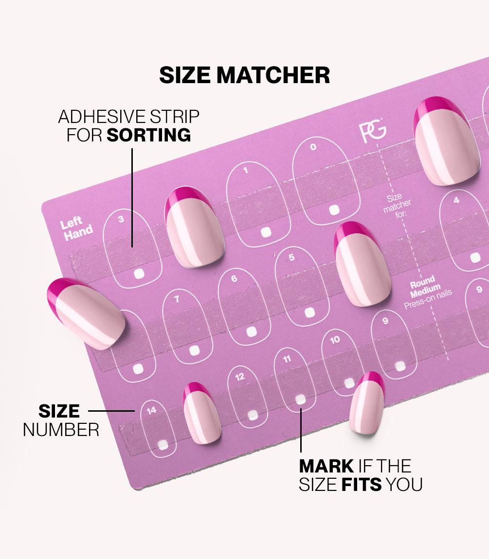Pink Gellac press-on nails size matcher chart for measuring your nail size.