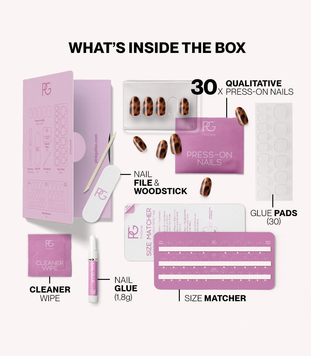 Pink Gellac 2007 Tortoise Touch press-on nails kit contents with nails, glue, file and tools.
