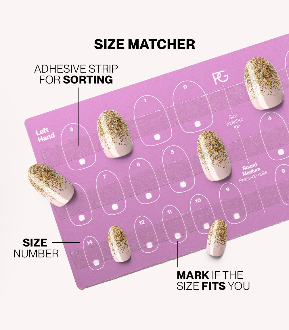 Pink Gellac press-on nails size matcher chart for measuring your nail size.