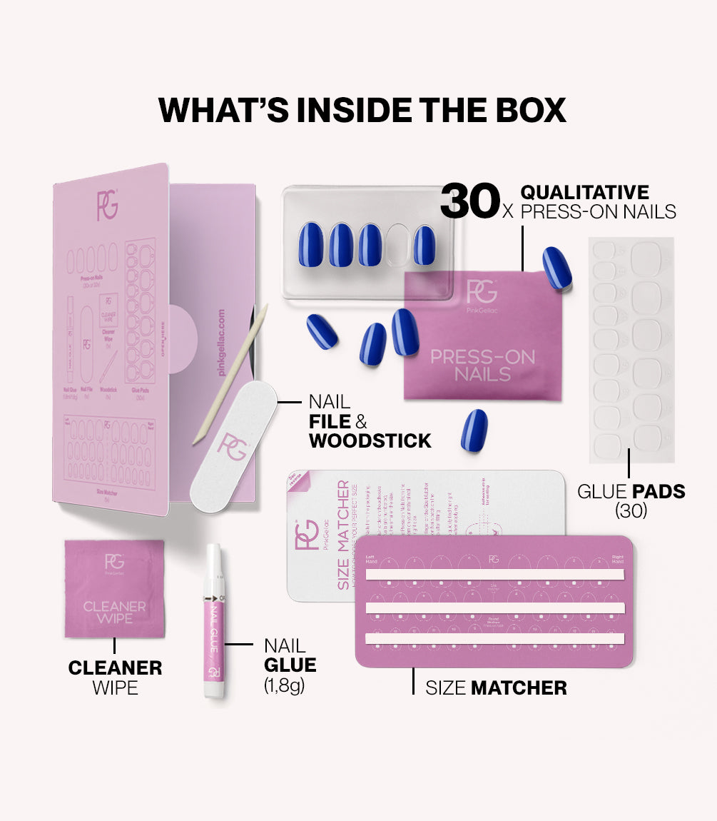 Pink Gellac 221 Delighted Blue press-on nails kit contents with nails, glue, file and tools.
