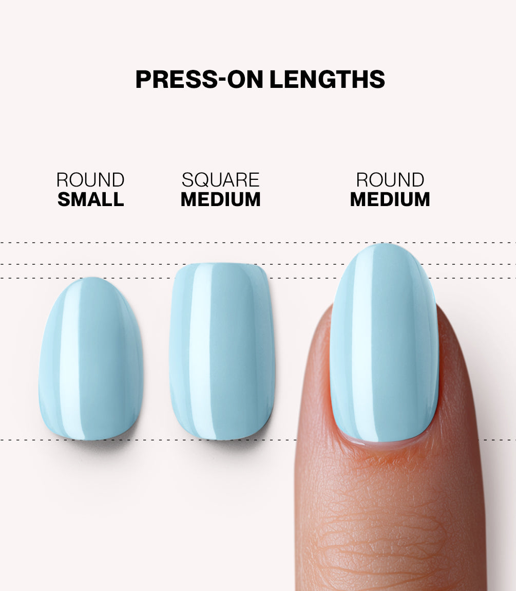 Pink Gellac 266 Baby Blue press-on nails length and shape guide.