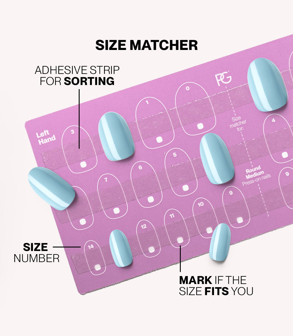 Pink Gellac press-on nails size matcher chart for measuring your nail size.
