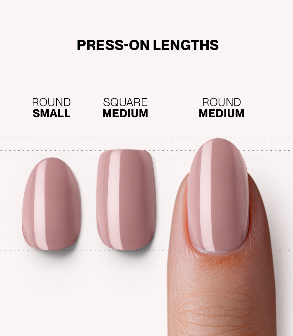Pink Gellac 305 Pearly Nude press-on nails length and shape guide.
