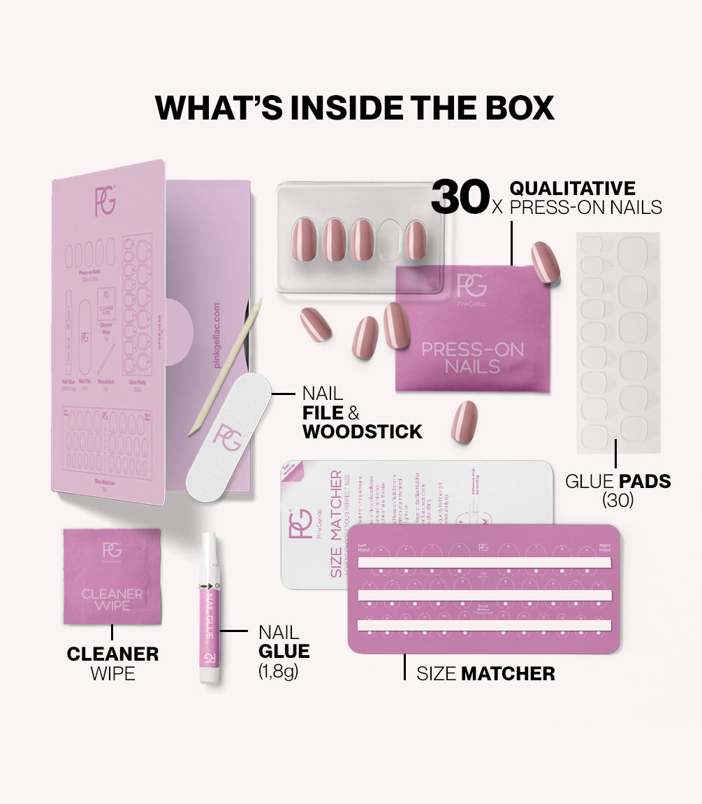 Pink Gellac 305 Pearly Nude press-on nails kit contents with nails, glue, file and tools.