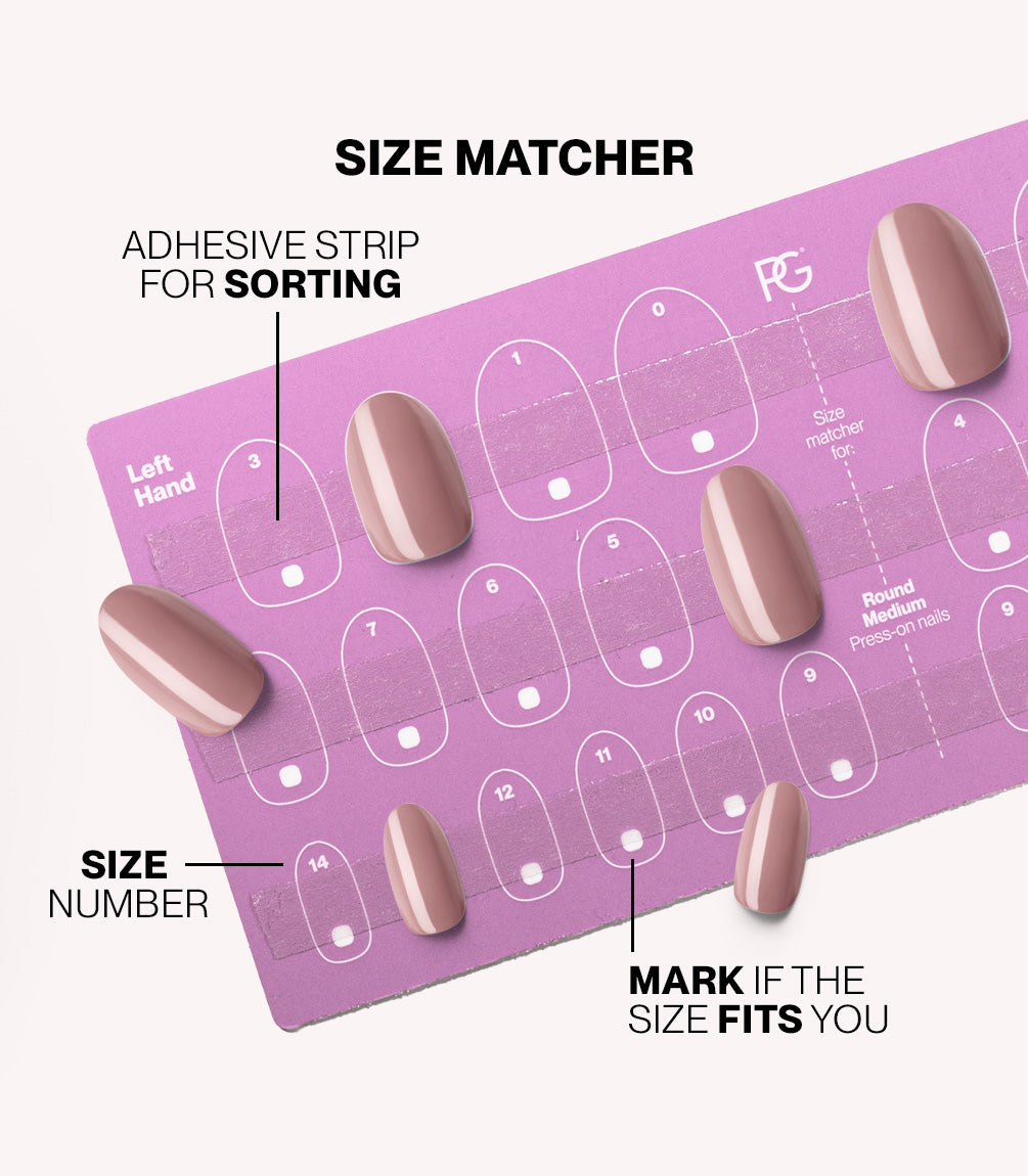Pink Gellac press-on nails size matcher chart for measuring your nail size.