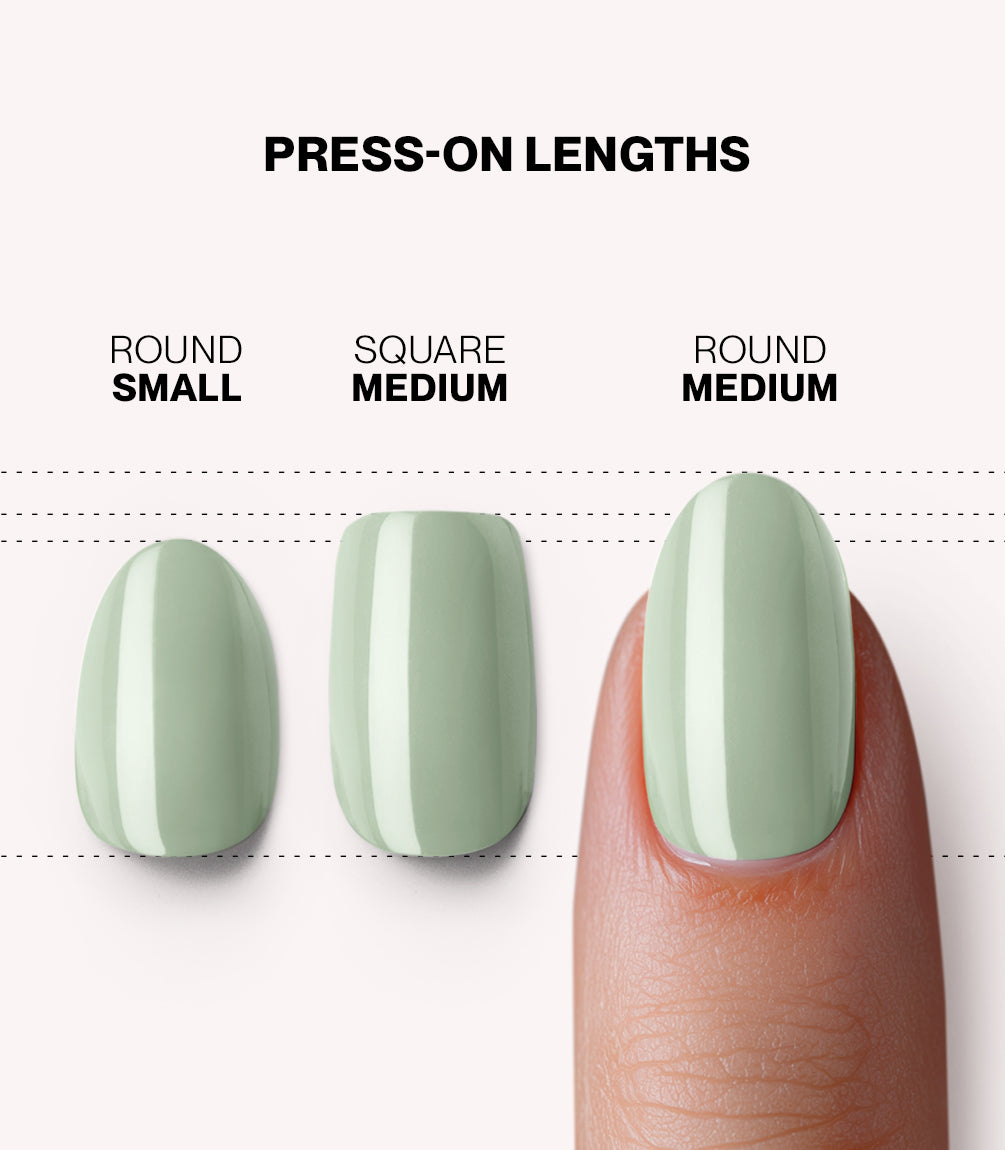 Pink Gellac 323 Gentle Jade press-on nails length and shape guide.