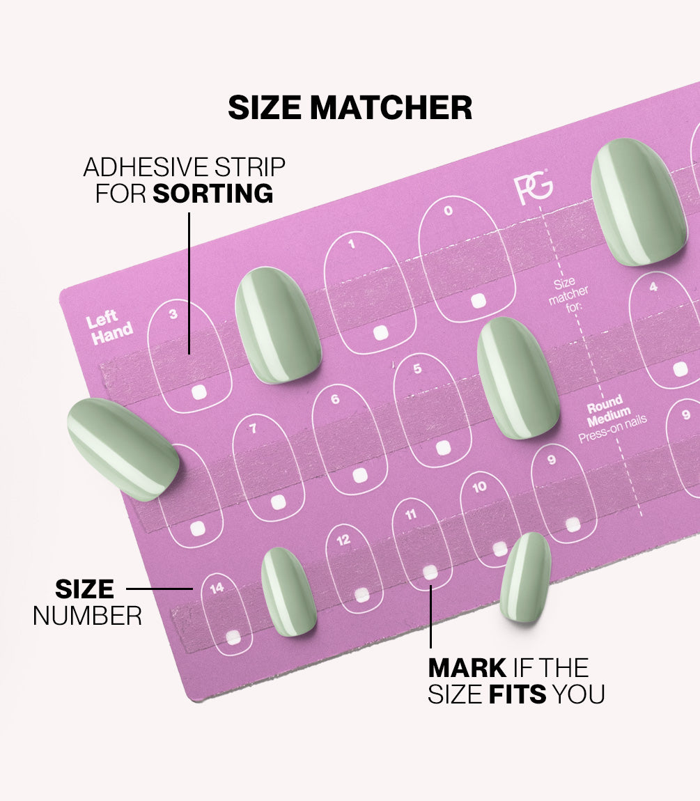 Pink Gellac press-on nails size matcher chart for measuring your nail size.
