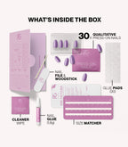 Pink Gellac 324 Lotus Lila press-on nails kit contents with nails, glue, file and tools.