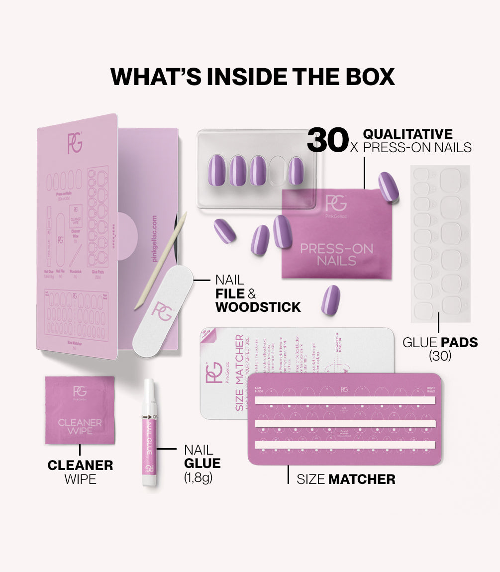 Pink Gellac 324 Lotus Lila press-on nails kit contents with nails, glue, file and tools.