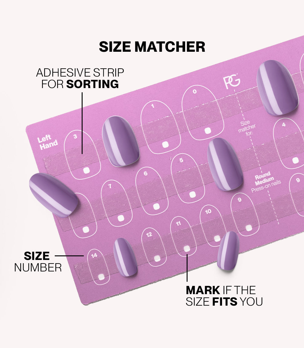 Pink Gellac press-on nails size matcher chart for measuring your nail size.