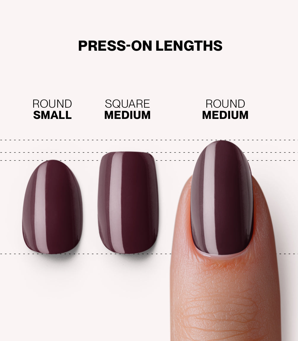 Pink Gellac 332 Sangria Red press-on nails length and shape guide.