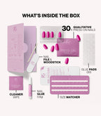 Pink Gellac 368 Intense Plum press-on nails kit contents with nails, glue, file and tools.