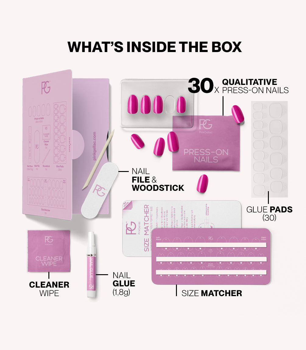 Pink Gellac 368 Intense Plum press-on nails kit contents with nails, glue, file and tools.