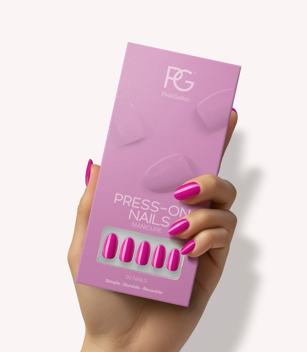 Hand holding Pink Gellac 368 Intense Plum press-on nails in their packaging.