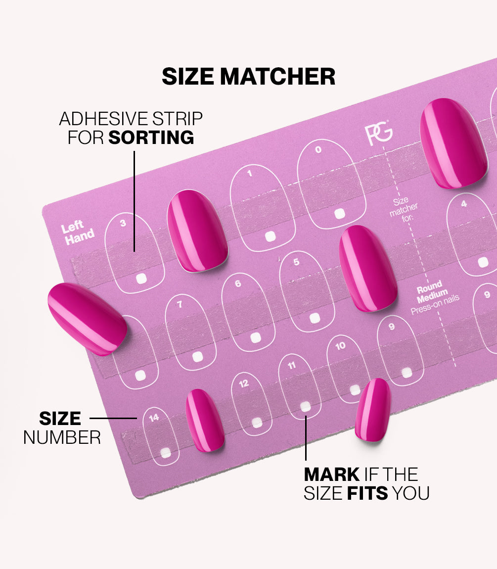Pink Gellac press-on nails size matcher chart for measuring your nail size.