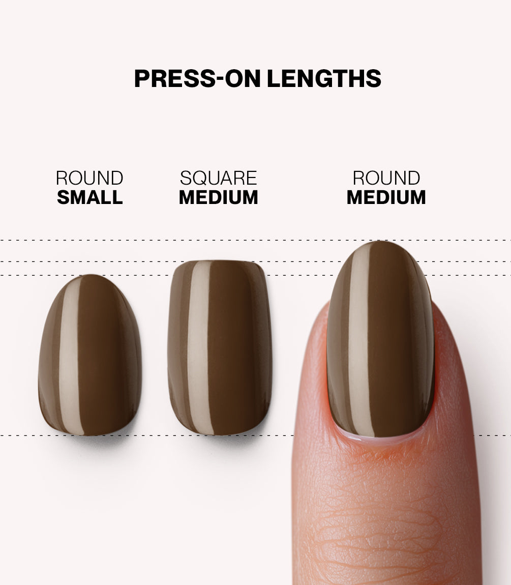 Pink Gellac 421 Mocha Brown press-on nails length and shape guide.