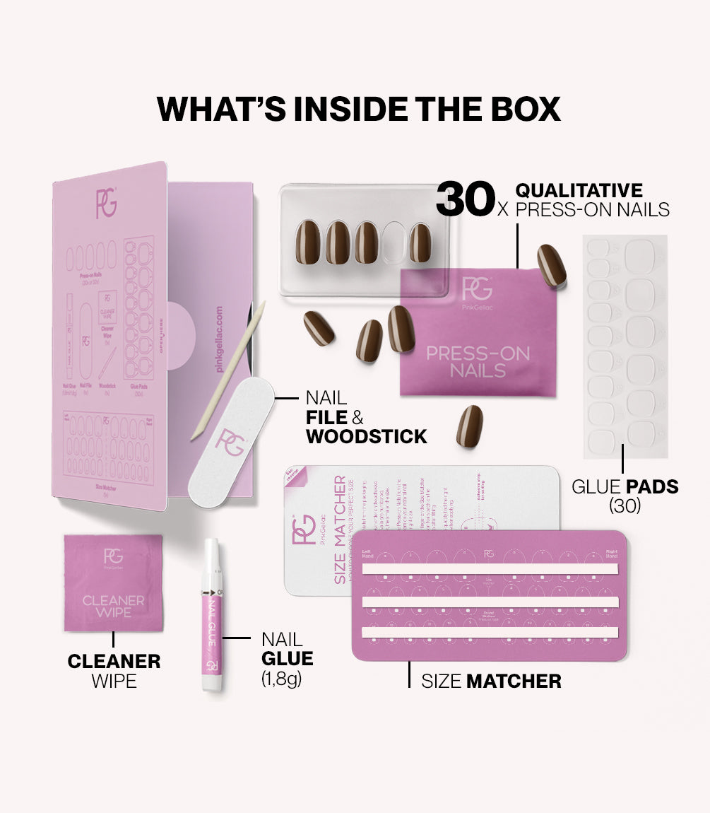 Pink Gellac 421 Mocha Brown press-on nails kit contents with nails, glue, file and tools.