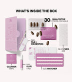 Pink Gellac 421 Mocha Brown press-on nails kit contents with nails, glue, file and tools.