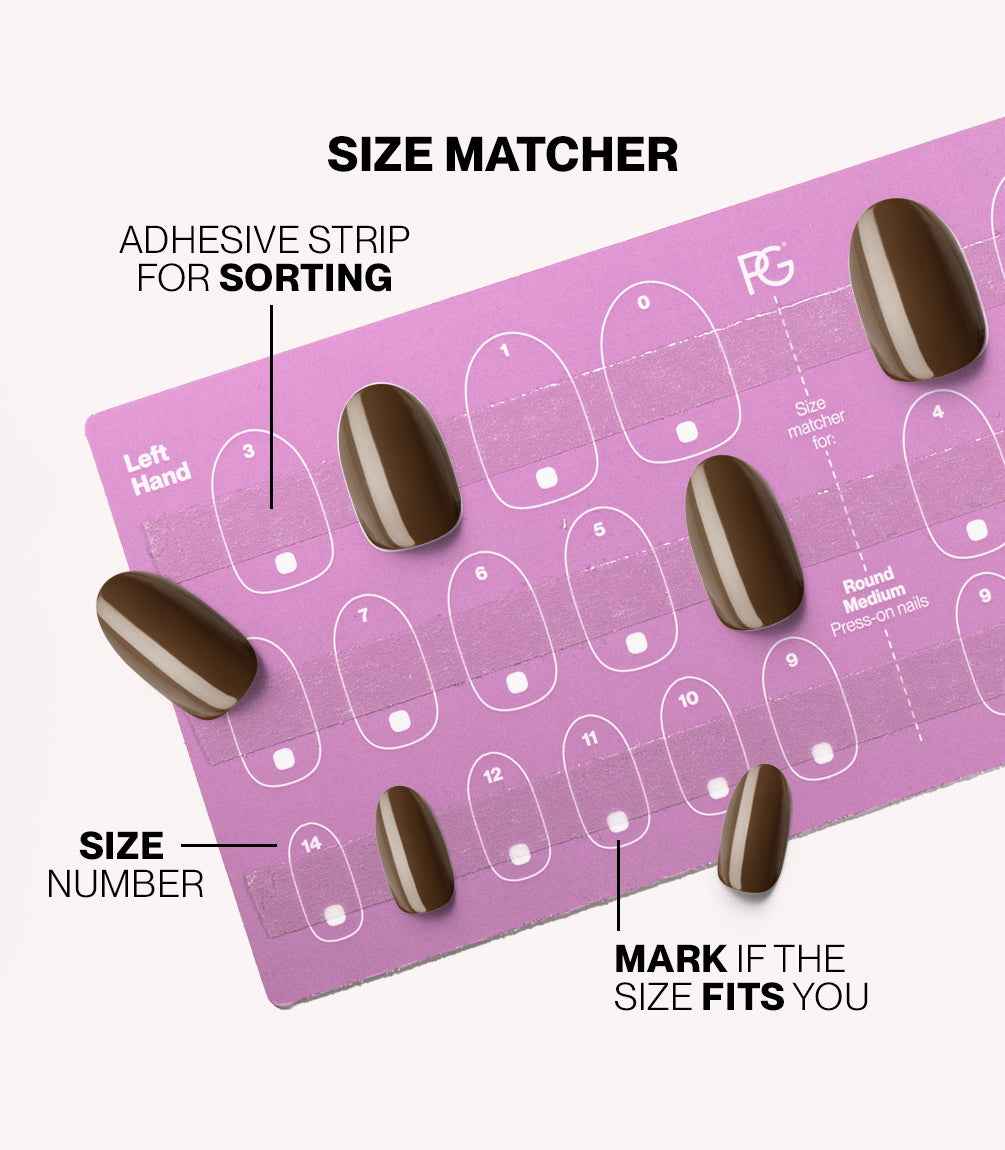 Pink Gellac press-on nails size matcher chart for measuring your nail size.