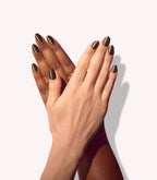 Two hands wearing Pink Gellac 421 Mocha Brown press-on nails.