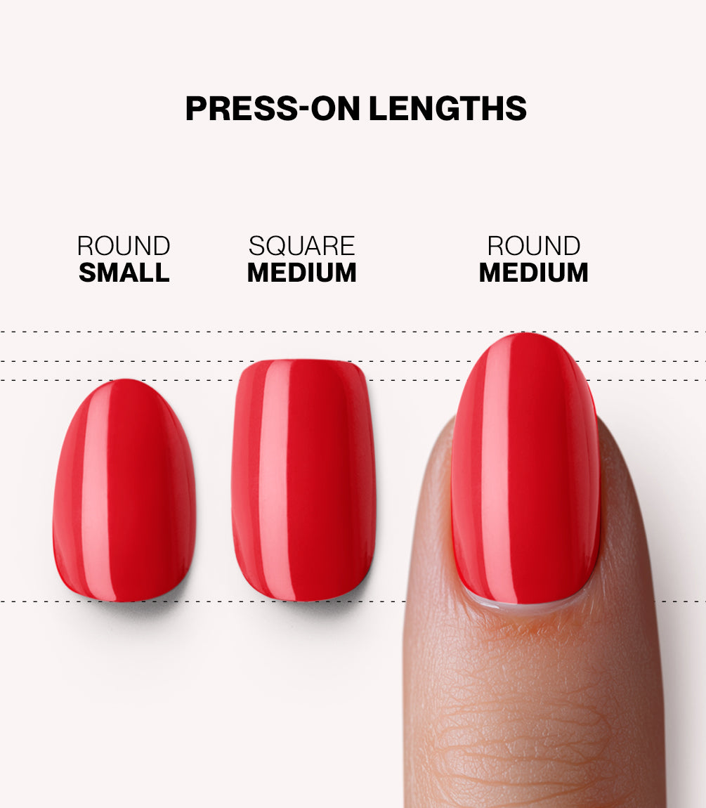 Pink Gellac 430 Bombshell Red press-on nails length and shape guide.