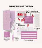 Pink Gellac 430 Bombshell Red press-on nails kit contents with nails, glue, file and tools.