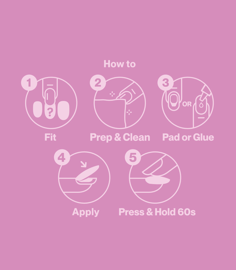 Pink Gellac press-on nails how-to guide showing the application steps.