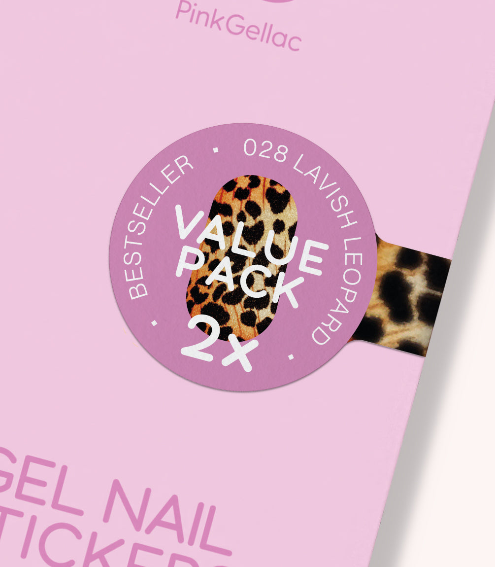 Model holding two Pink Gellac Value Pack 028 Lavish Leopard sticker packs.