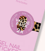 Model holding two Pink Gellac Value Pack 028 Lavish Leopard sticker packs.