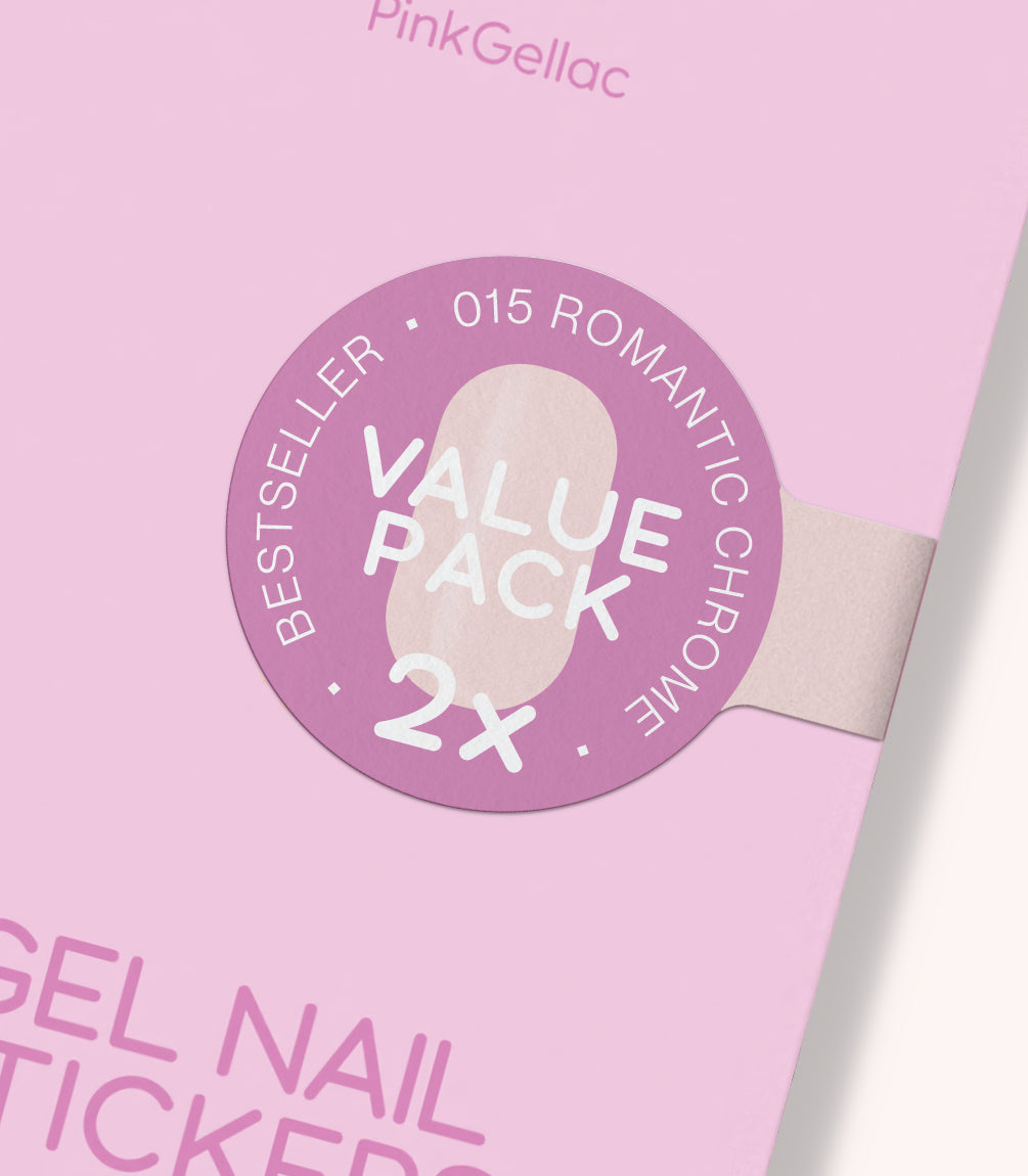 Model holding two Pink Gellac Value Pack 015 Romantic Chrome sticker packs.