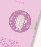 Model holding two Pink Gellac Value Pack 015 Romantic Chrome sticker packs.