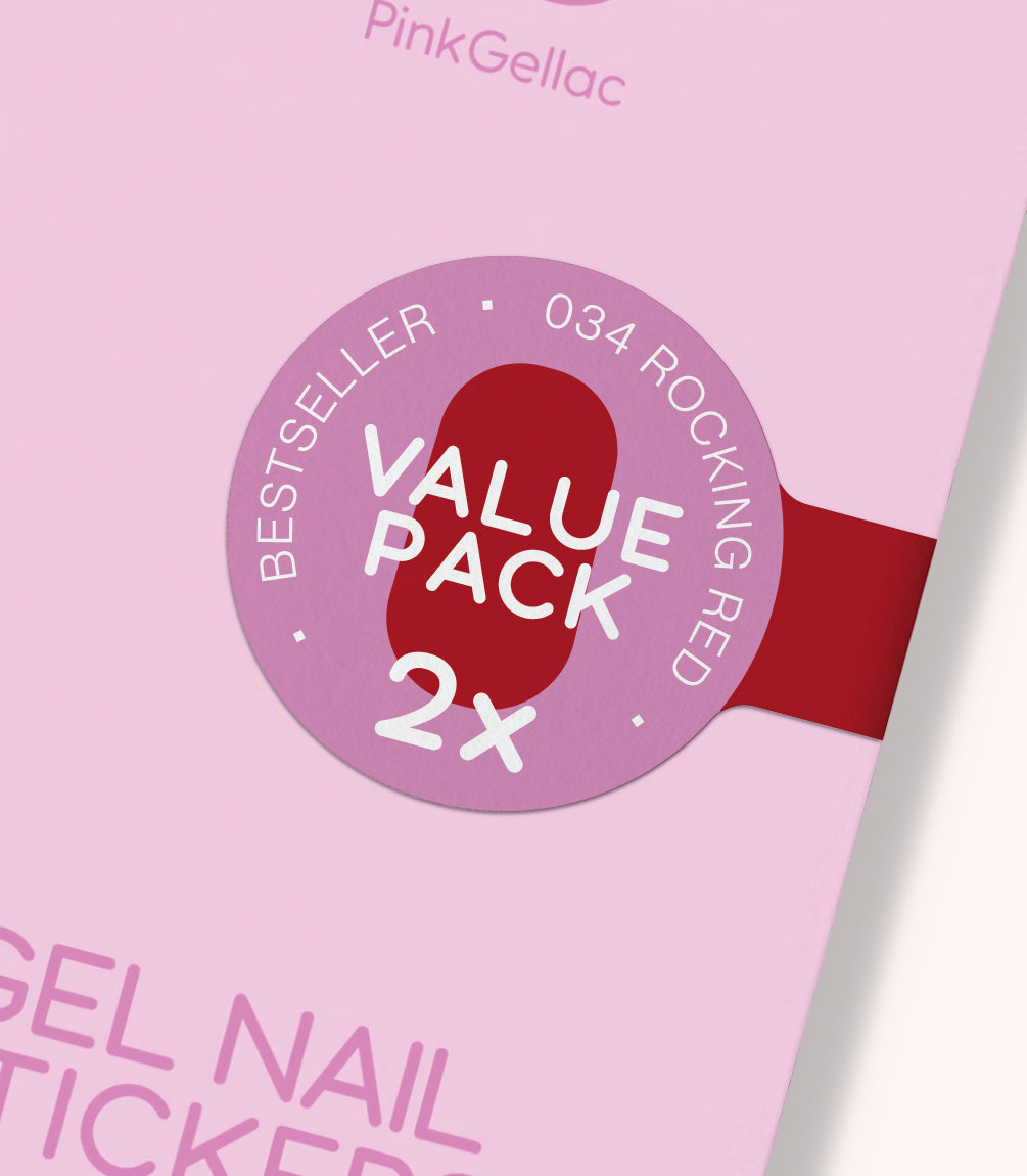 Model holding two Pink Gellac Value Pack 034 Rocking Red sticker packs.