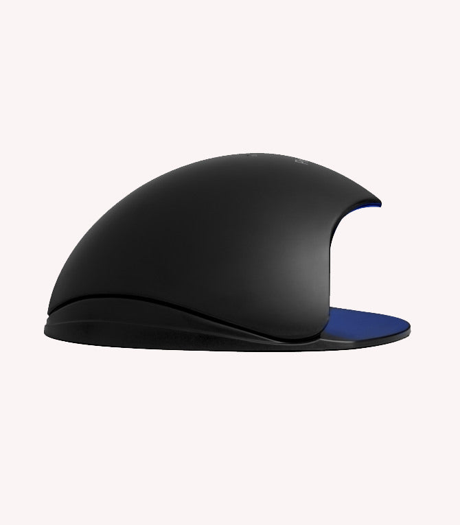 Black designer chair with a curved backrest and blue inside, side view.