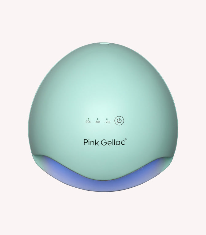 Mint green LED lamp for nail drying from Pink Gellac with control buttons.