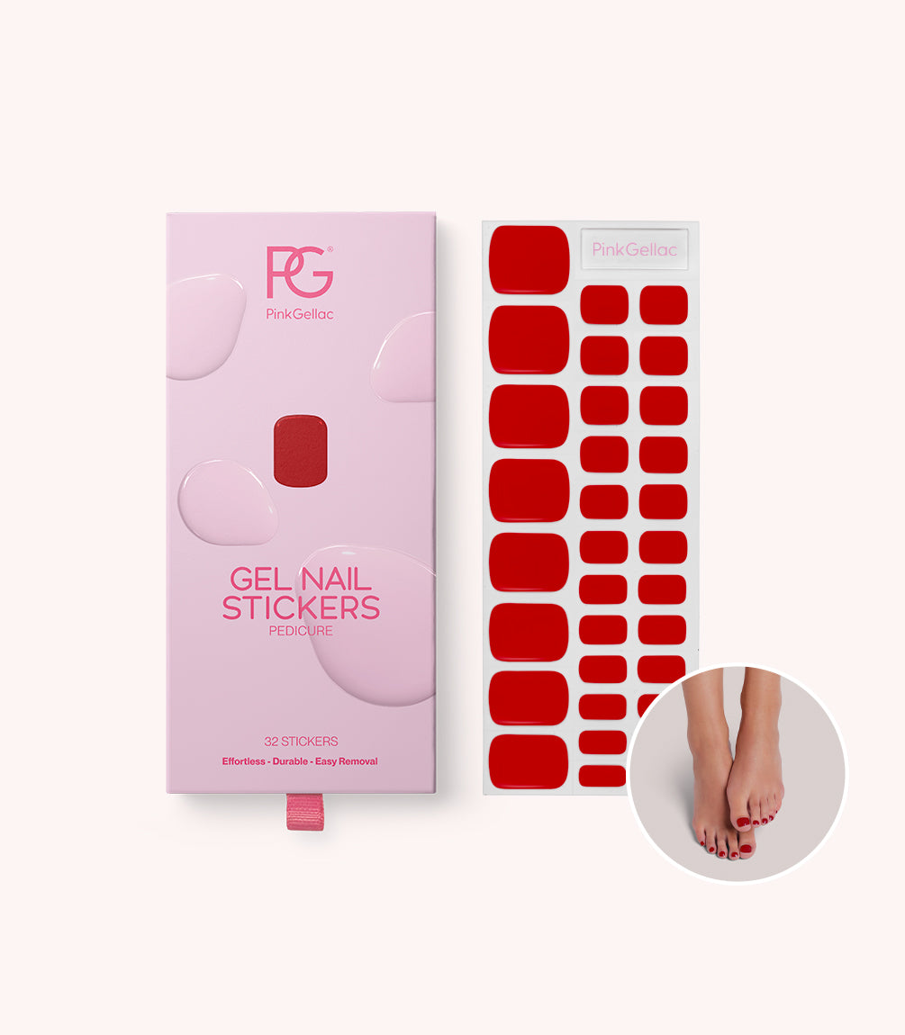 Pink Gellac 109 Lipstick Red pedicure gel nail stickers in their box.