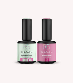 Pink Gellac Celestial Green effect coat set with two gel polish bottles.