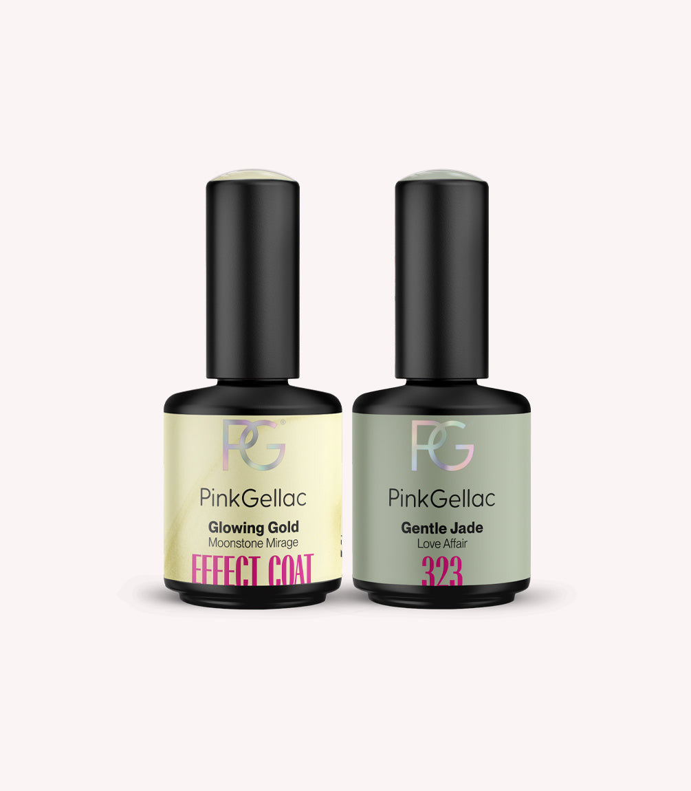 Pink Gellac Glowing Gold effect coat set with two gel polish bottles.