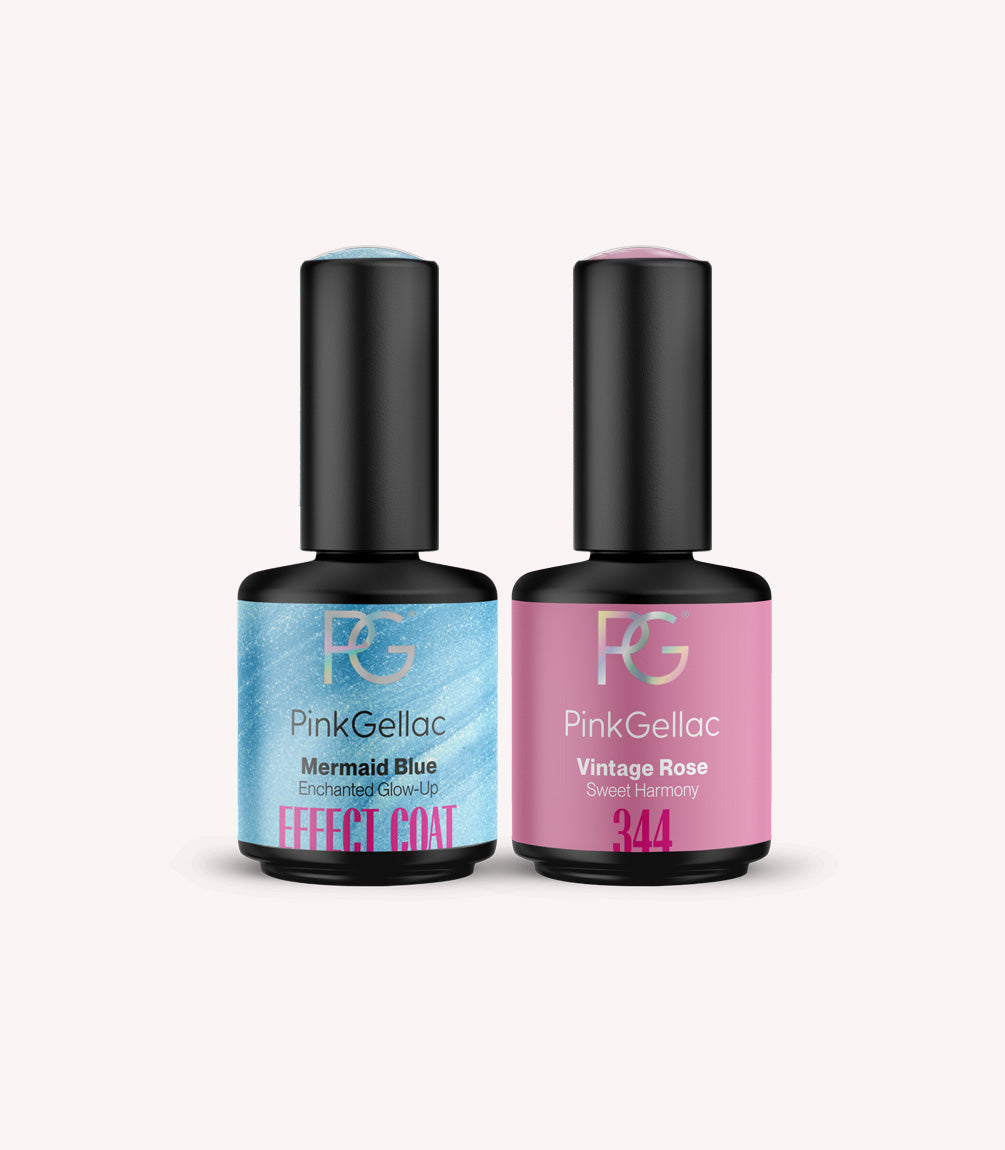 Pink Gellac Mermaid Blue effect coat set with two gel polish bottles.